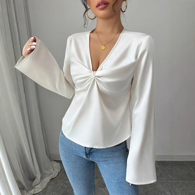 Women's Elegant Solid Color V-neck Ruffled Front Flared Sleeve Shirt