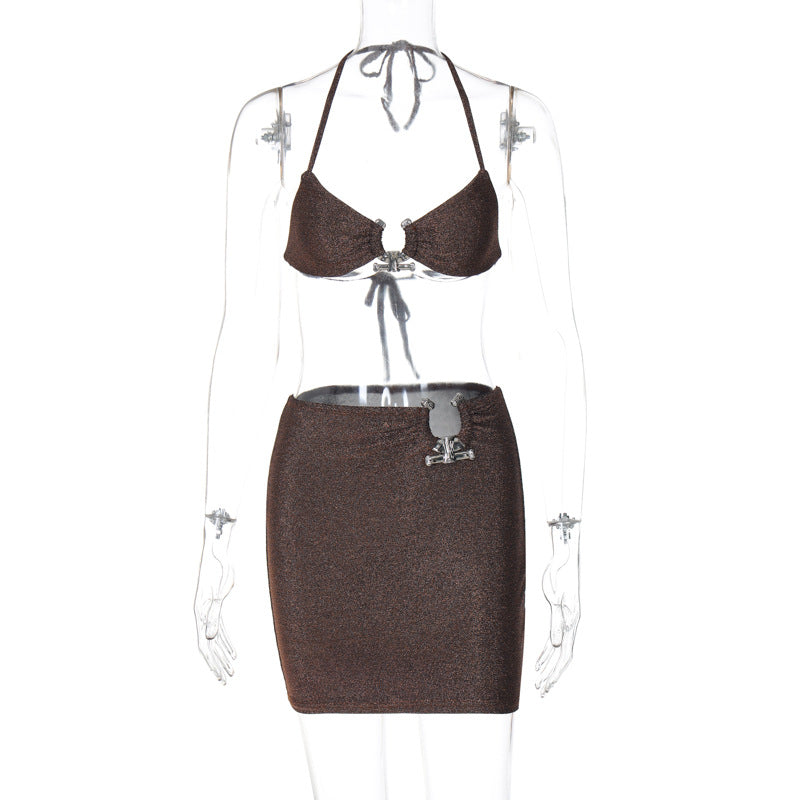 Summer New Night Club Style Sexy Lace-up Chest-wrapped Hip Skirt Two-piece Suit