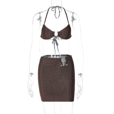 Summer New Night Club Style Sexy Lace-up Chest-wrapped Hip Skirt Two-piece Suit