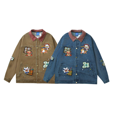 Antique Couple Embroidery Denim Jacket Coat