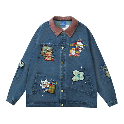 Antique Couple Embroidery Denim Jacket Coat