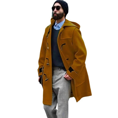 Retro Horn Button Hooded Woolen Trench Coat Men