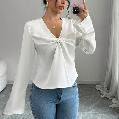 Women's Elegant Solid Color V-neck Ruffled Front Flared Sleeve Shirt